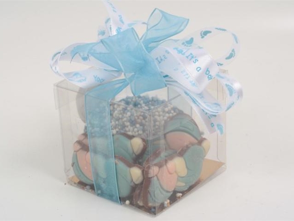 Doosje geboorte chocola jongen 150 g.